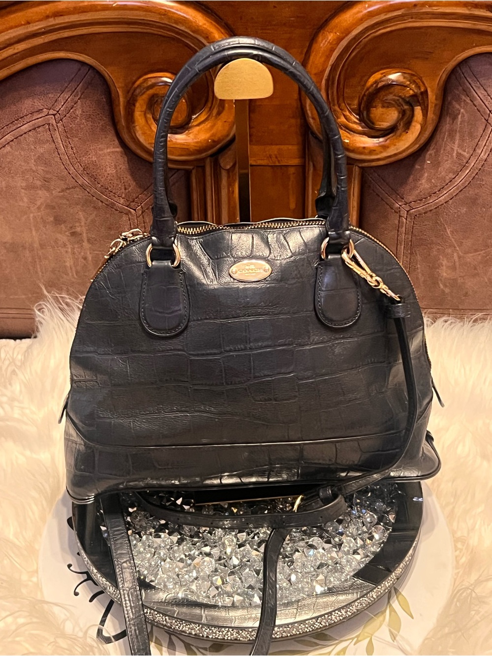 Coach core dome dark blue Croc-Embossed Satchel with Gold Hardware crossbody bag